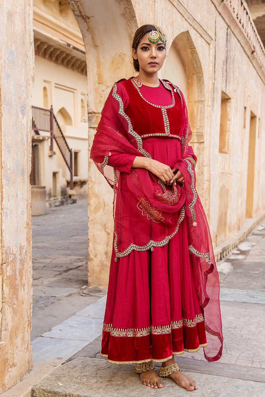 Anarkali With Velvet Blouse Matched With An Organza Duppatta