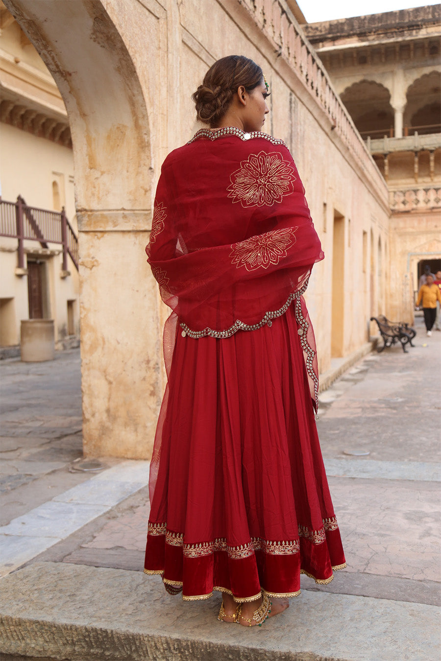 Anarkali With Velvet Blouse Matched With An Organza Duppatta