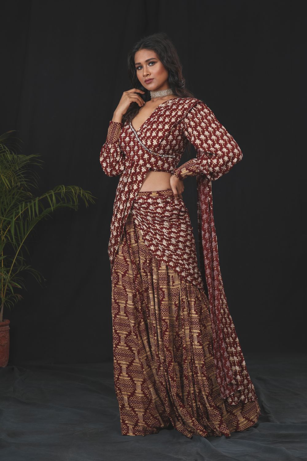 Deep Maroon Printed Pre-Stitched Saree Set