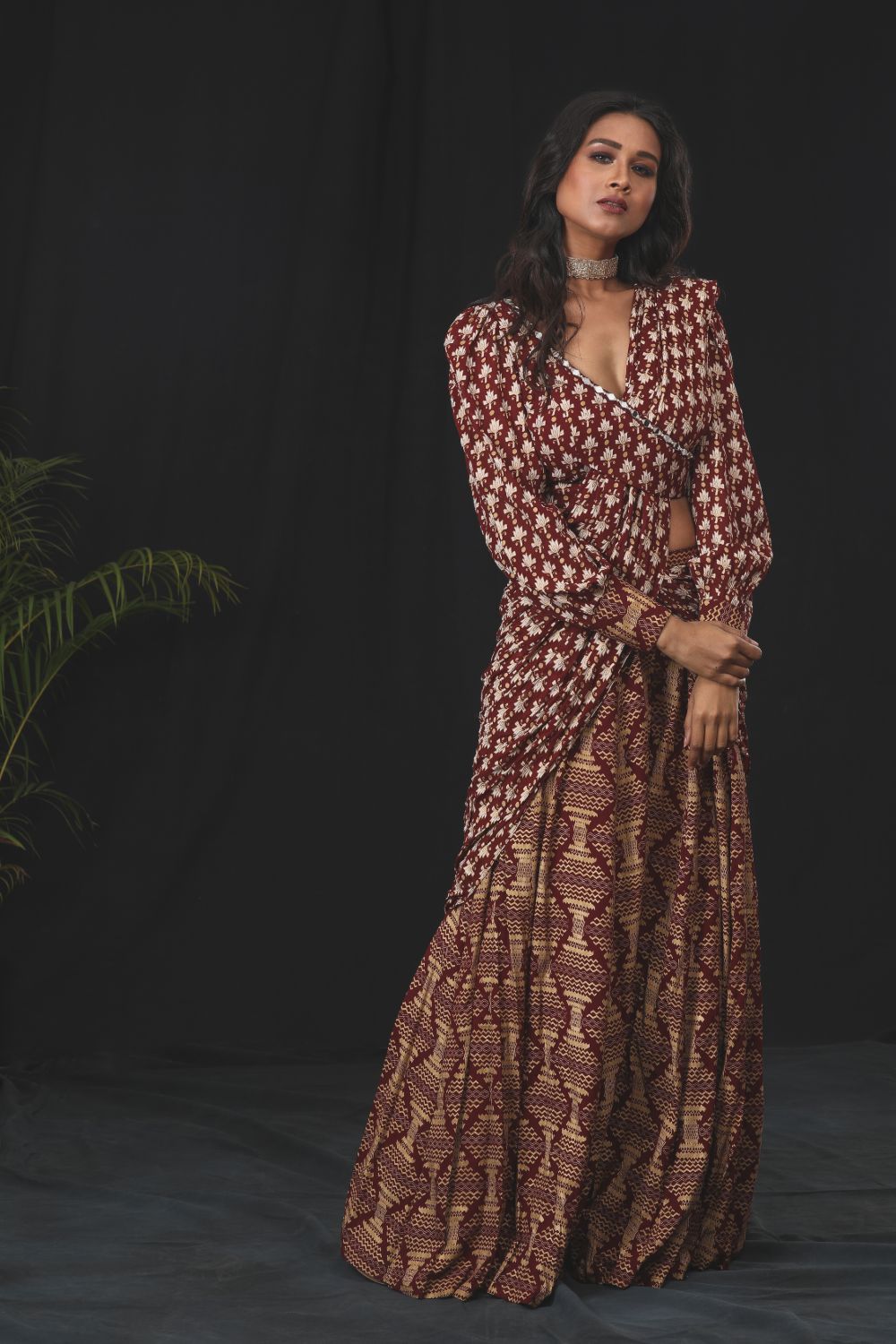 Deep Maroon Printed Pre-Stitched Saree Set