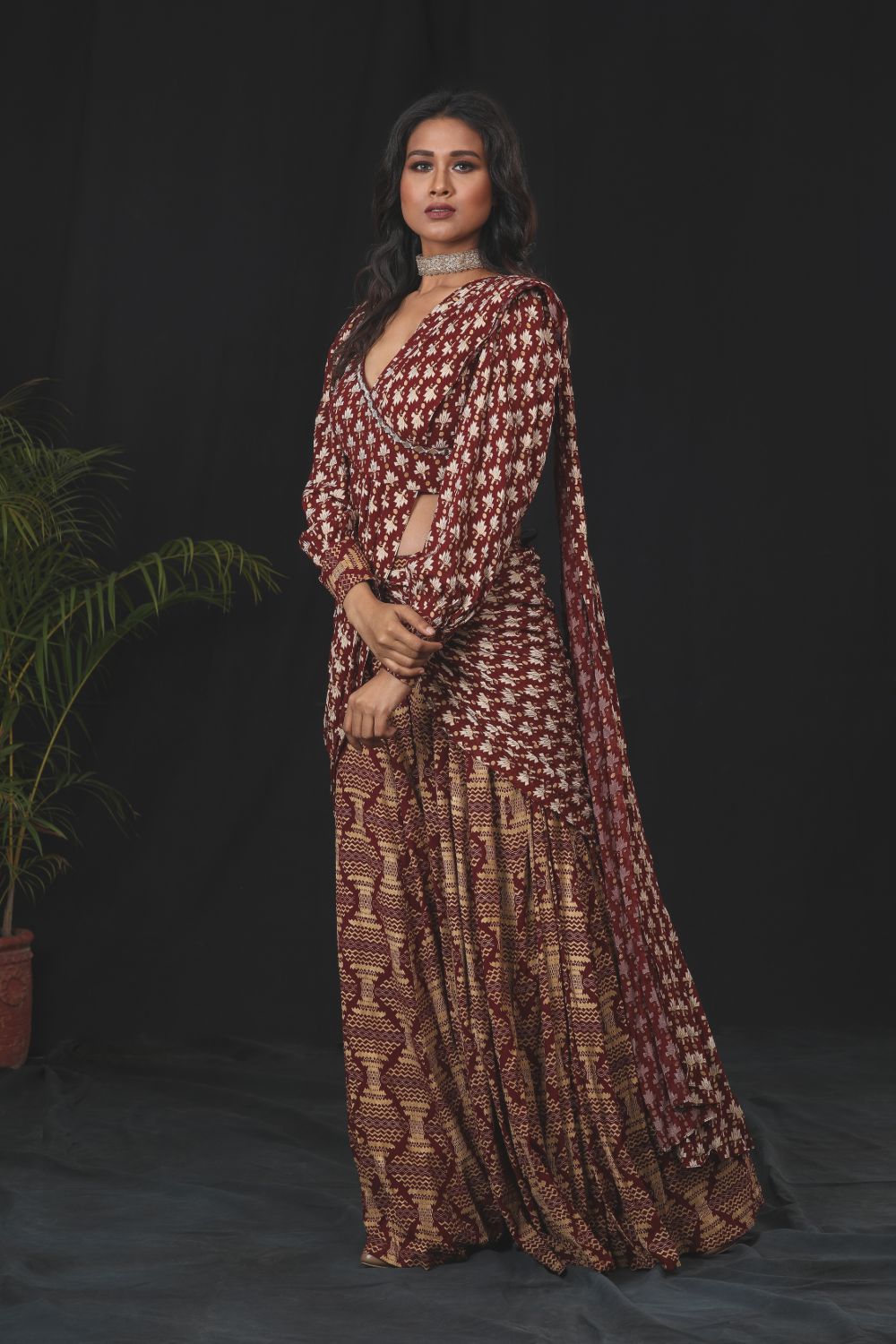 Deep Maroon Printed Pre-Stitched Saree Set