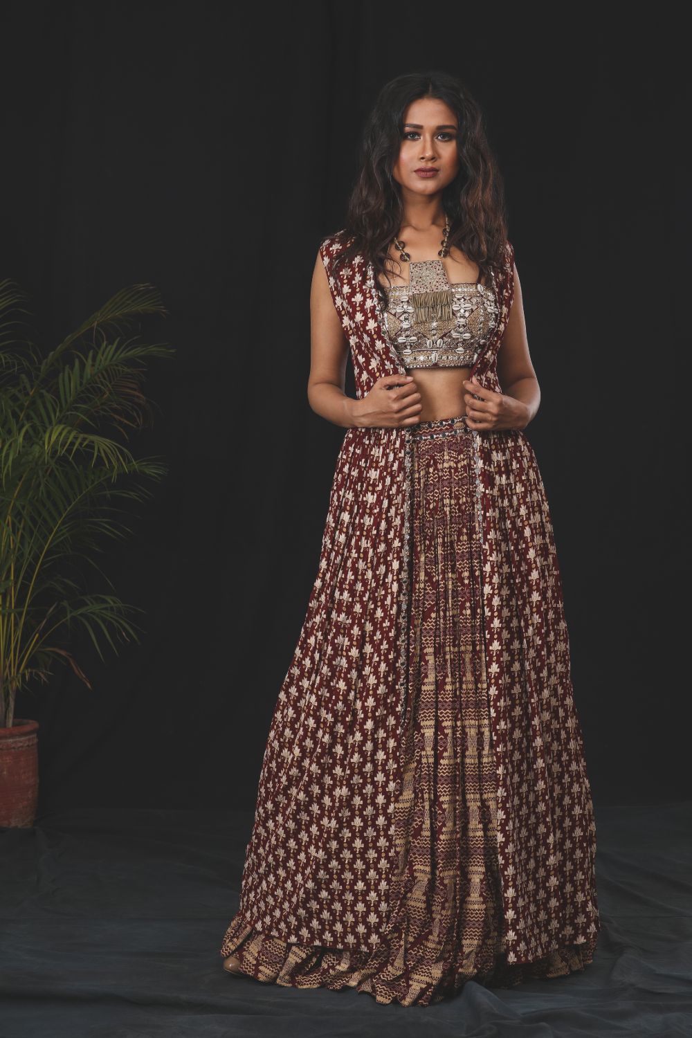 Maroon Lehenga With Blouse And Cape