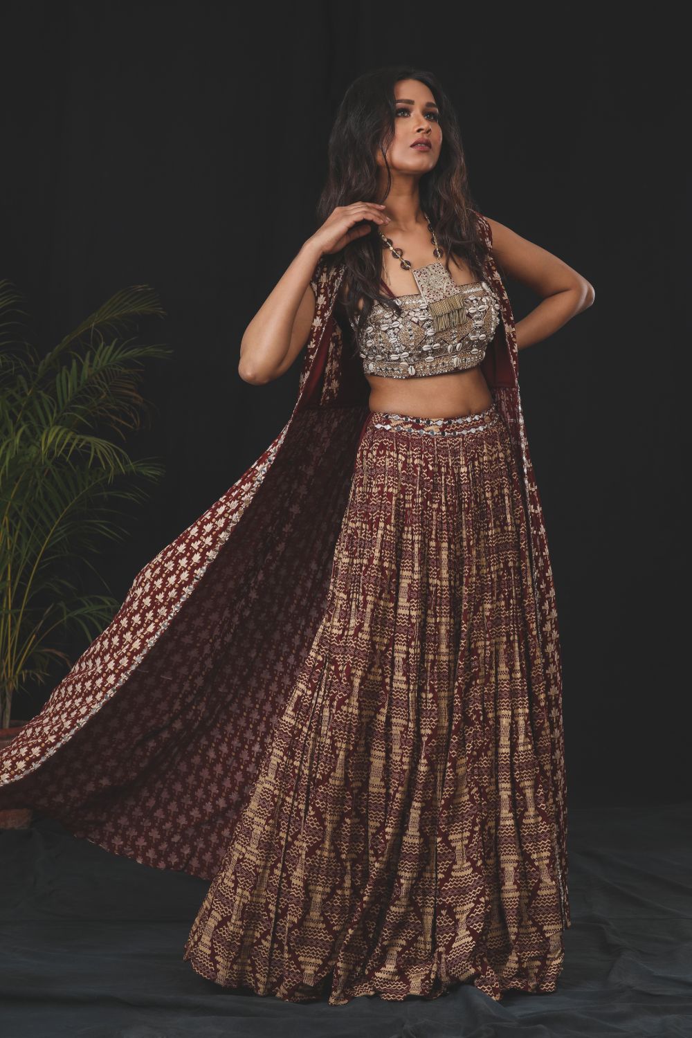 Maroon Lehenga With Blouse And Cape