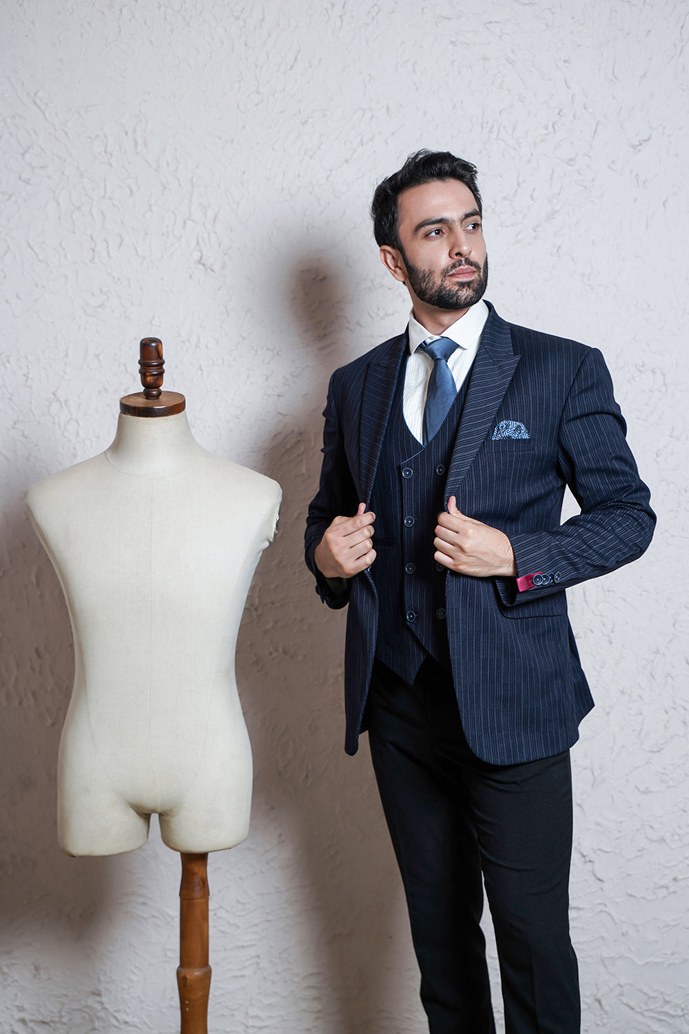 Navy Blue Mild Striped Suit With Waistcoat