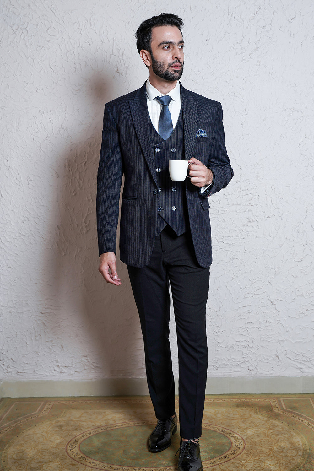 Navy Blue Mild Striped Suit With Waistcoat