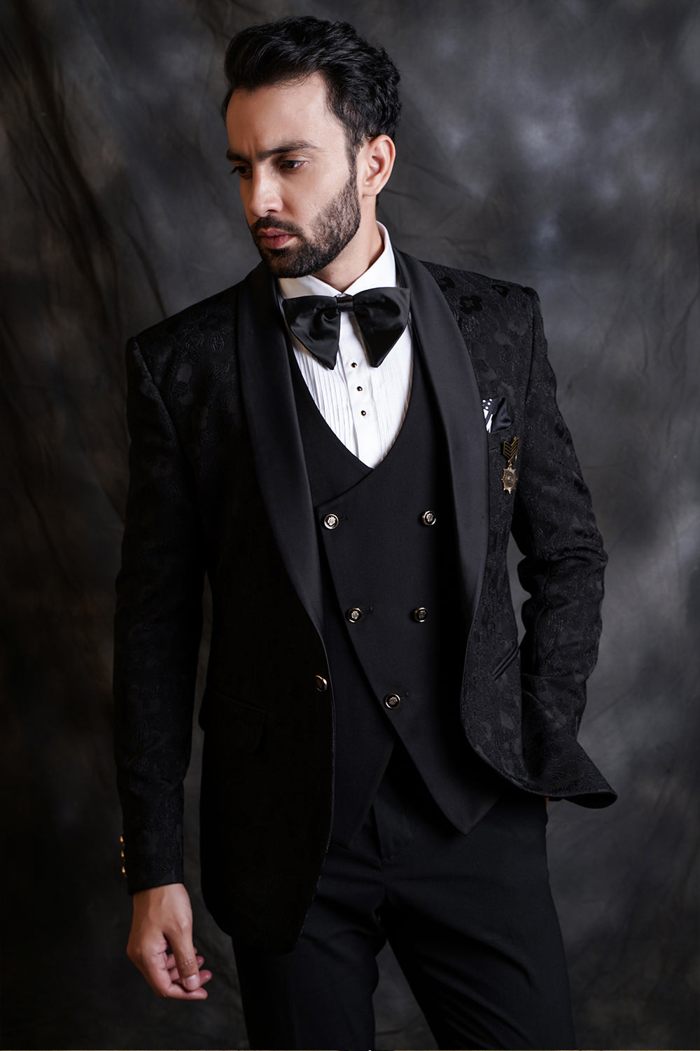 Black Jaquard Tuxedo With Waist Coat