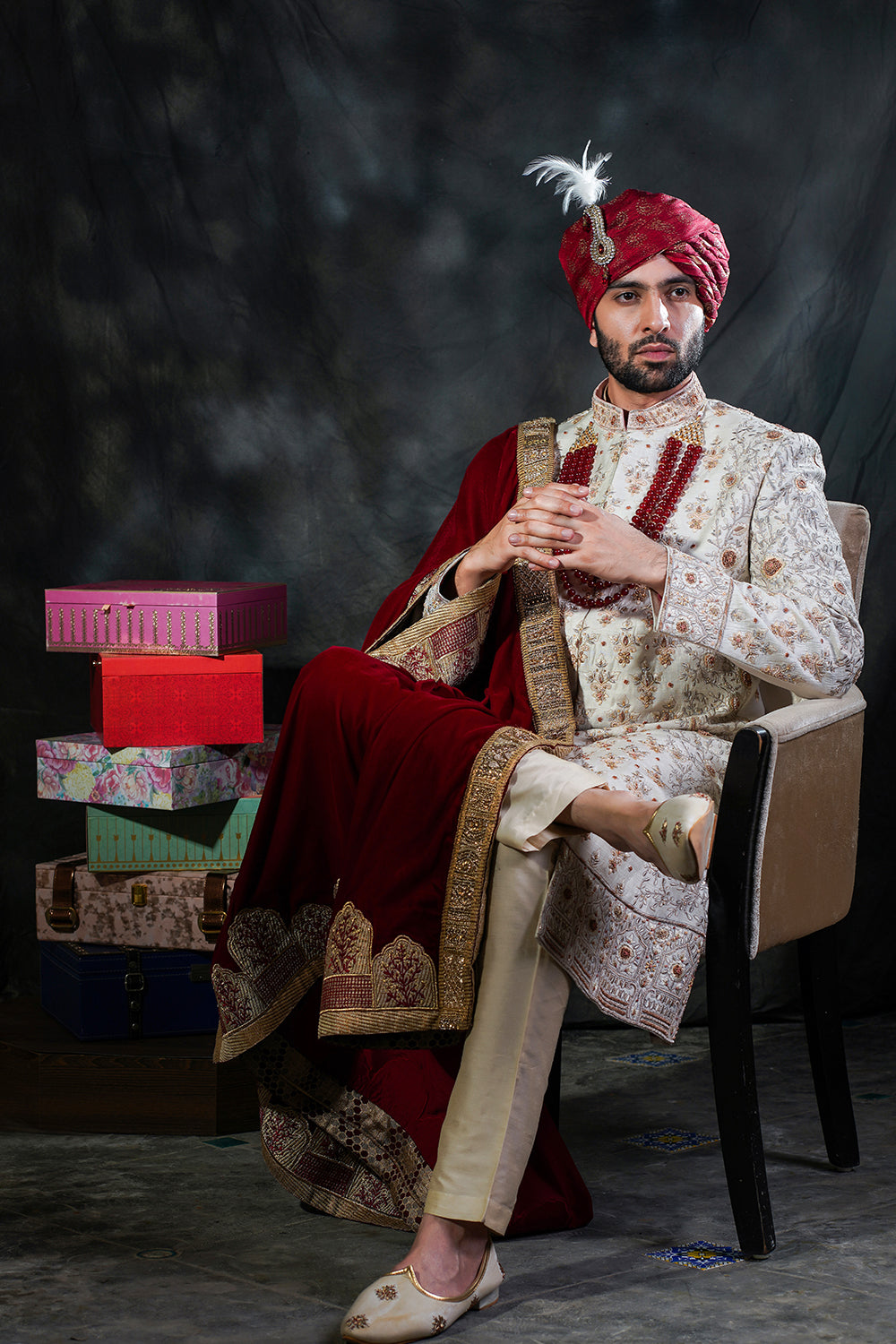 Offwhite Sherwani With Matcing Shawl Mala And Hand Tied Safa