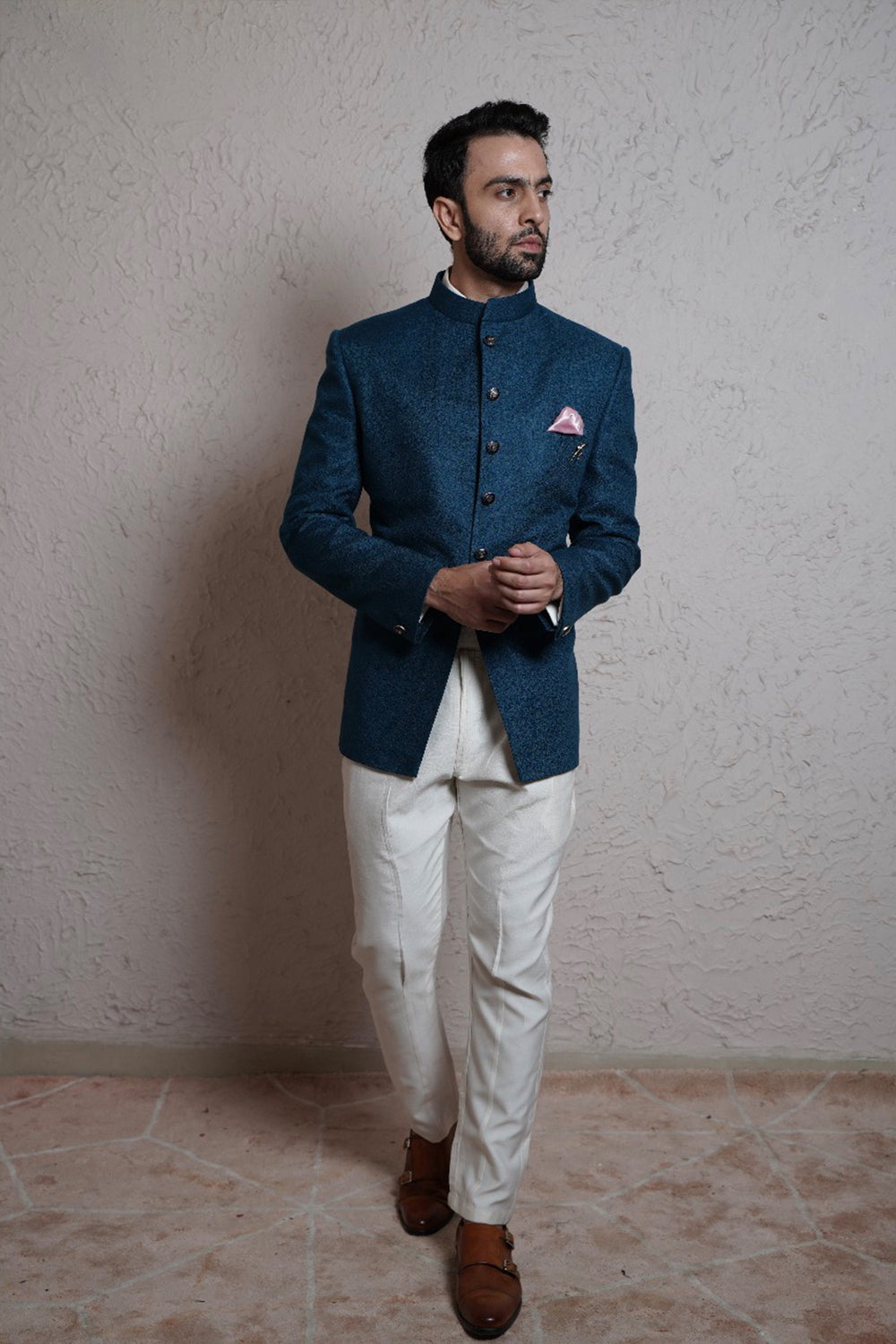 Turquoise Bandgala With White Trousers