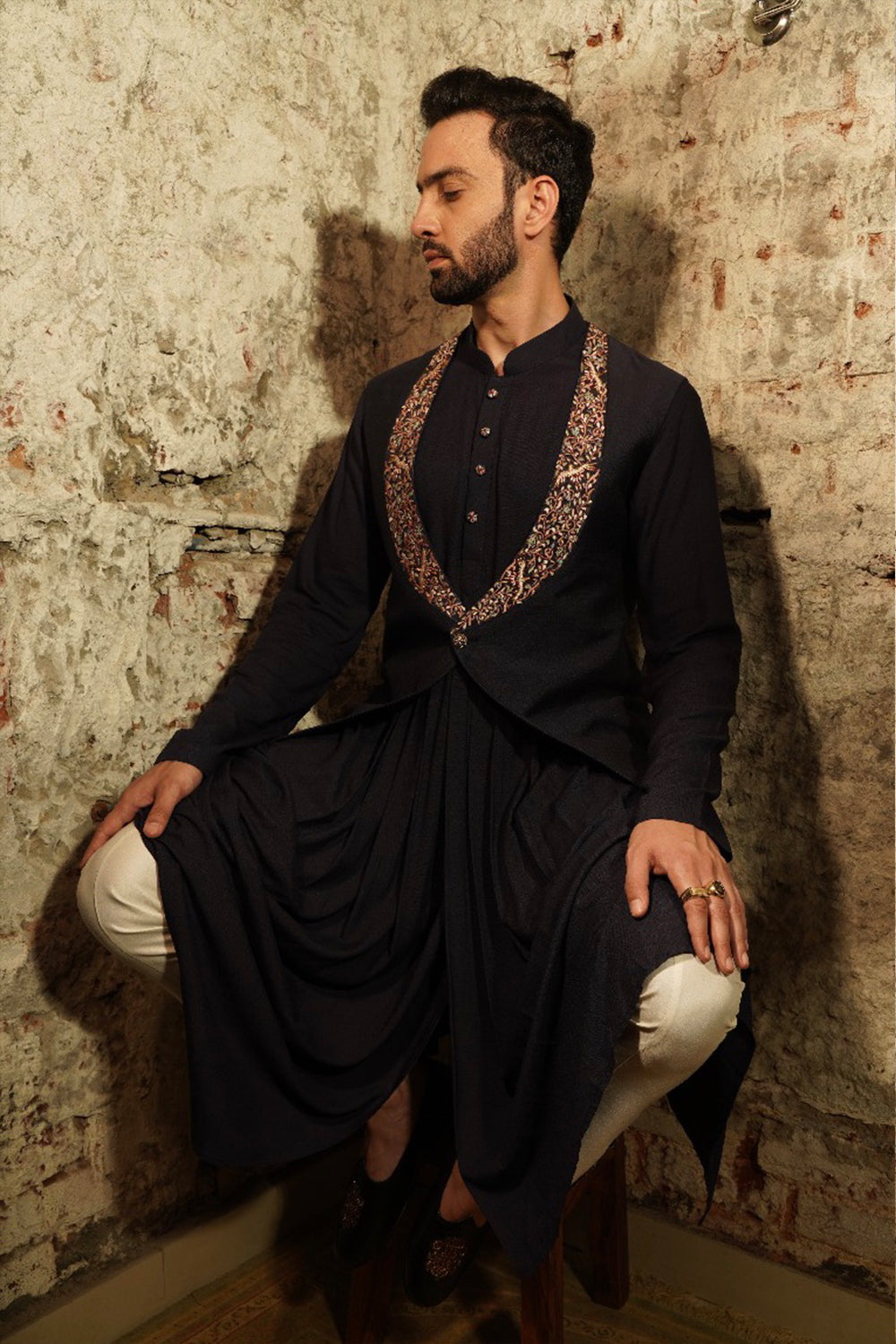 Long Jackets With Embroidery With Drape Kurta And Off White Box Pant