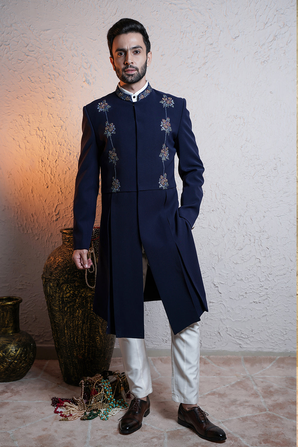 Embroidered Indowestern With White Box Pants