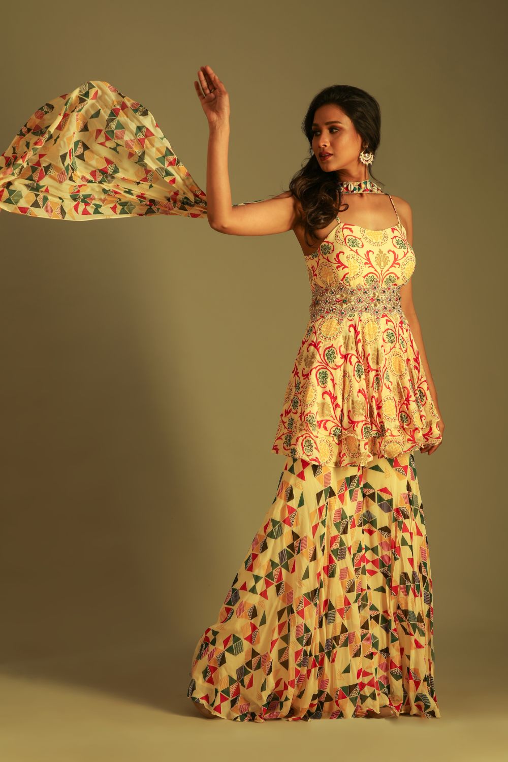 Multicolor Sharara With An Embroided Belt And Duppata