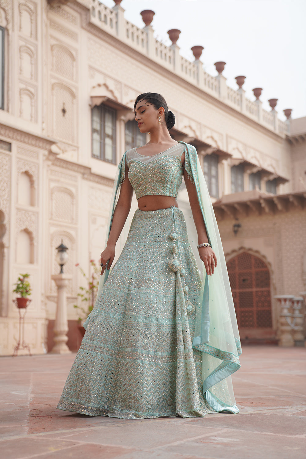 Sky Blue Mirror Work Lehenga