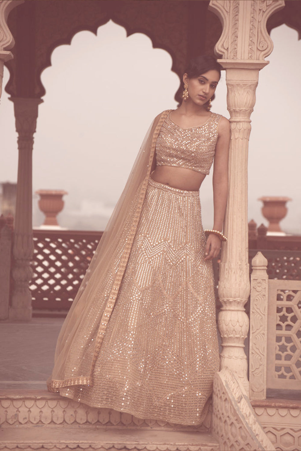 Beige Mirror Work Lehenga