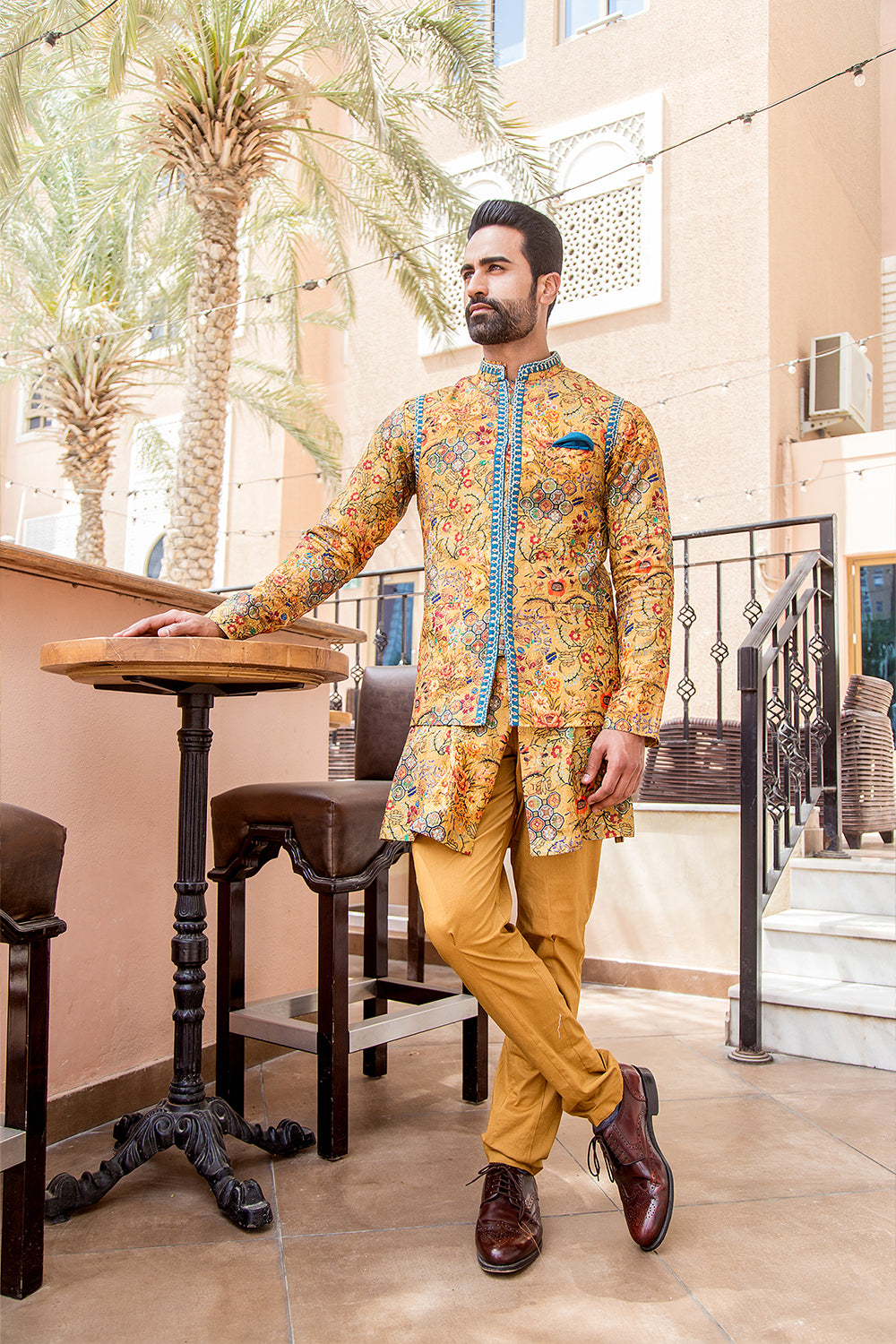 Mustard Printed Kurta Set With Nehru Jacket