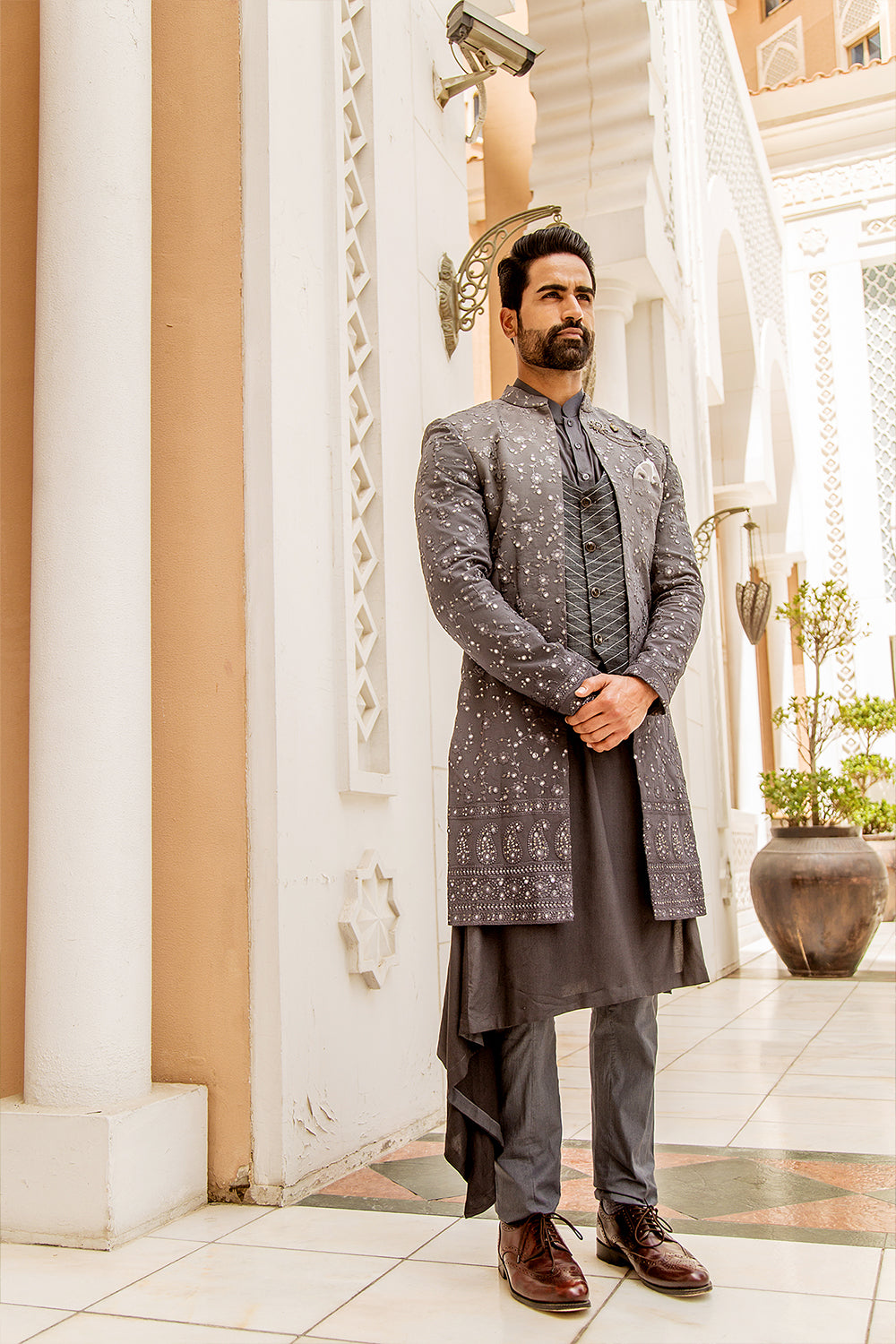 Grey Kurta Set With Ombre Long Jacket