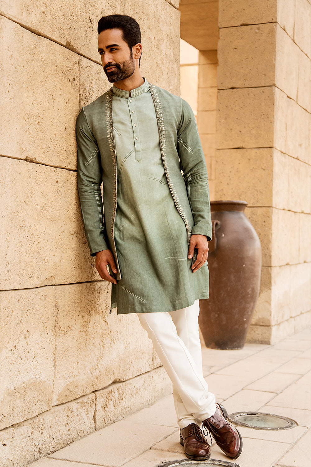 Pastel Pista Kurta Set With Embroidered Open Jacket