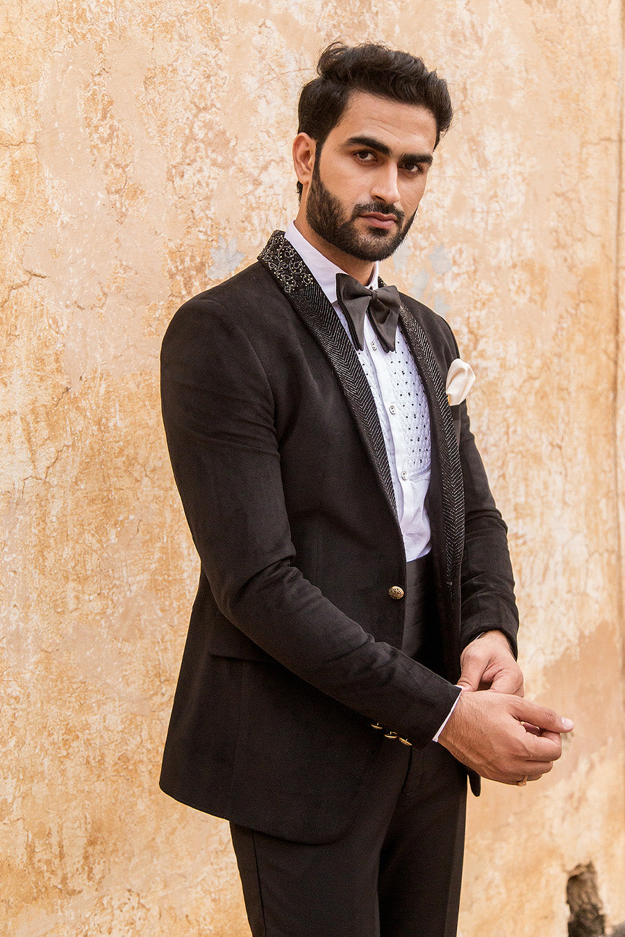Black Velvet Tuxedo With Embroidered Lapel With Shirt Box Waist Belt And Pants