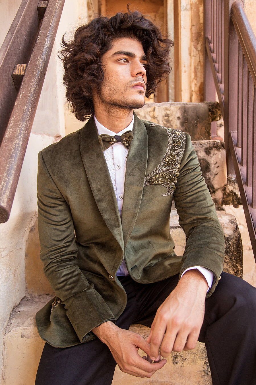 Olive Green Coloured Embroidered Tuxedo With Complimenting Bow And Black Pants