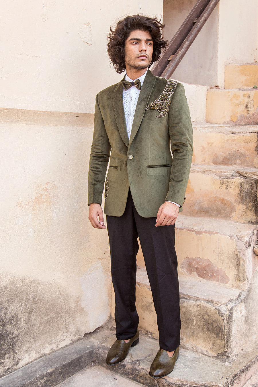 Olive Green Coloured Embroidered Tuxedo With Complimenting Bow And Black Pants