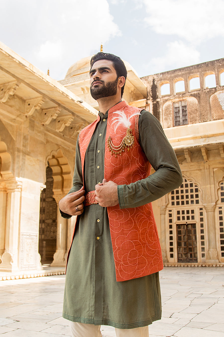Kurta Paired With Orange Jacket With Embroidered Belt And Off White Box Pants
