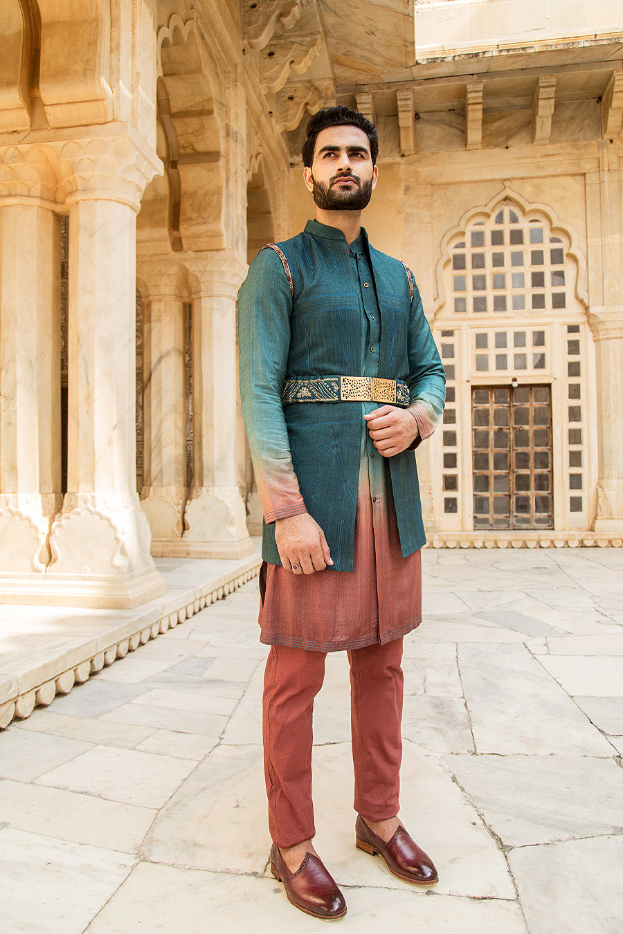 Ombre Kurta Matched With Turquise Jacket And Embroidered Belt
