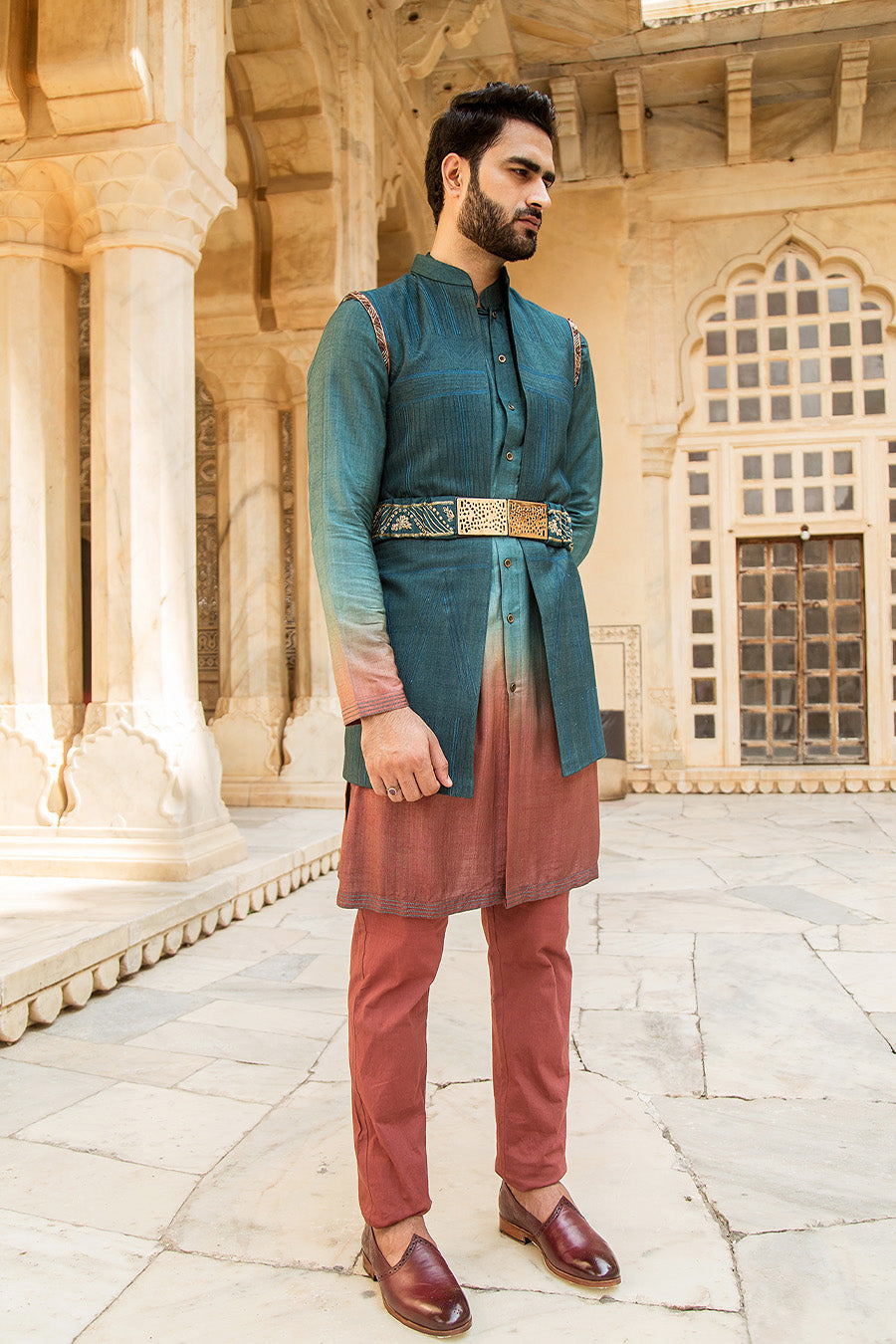 Ombre Kurta Matched With Turquise Jacket And Embroidered Belt