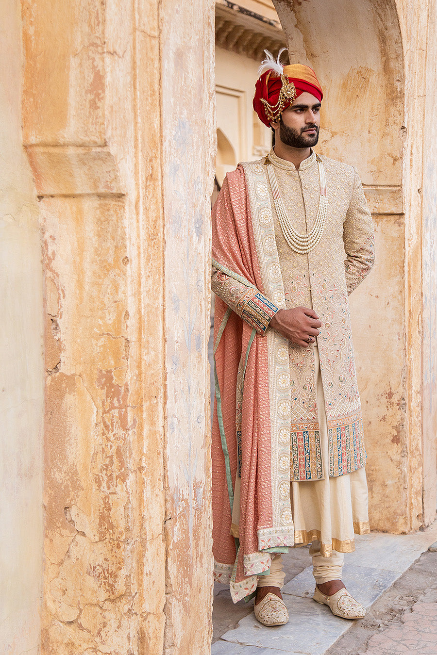 Sherwani Matched With Peach Stole With Embroidered Border And Other Accessories