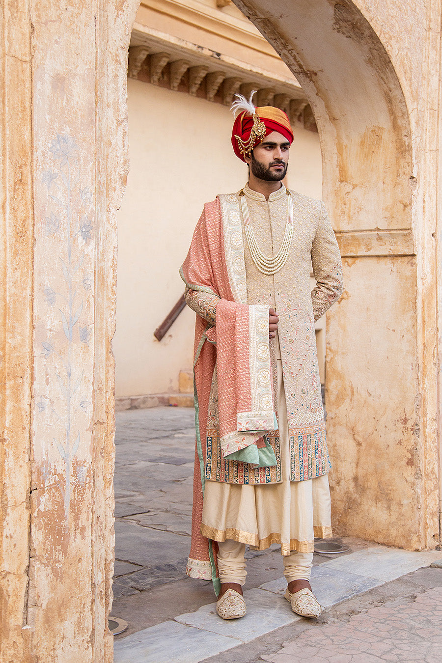 Sherwani Matched With Peach Stole With Embroidered Border And Other Accessories