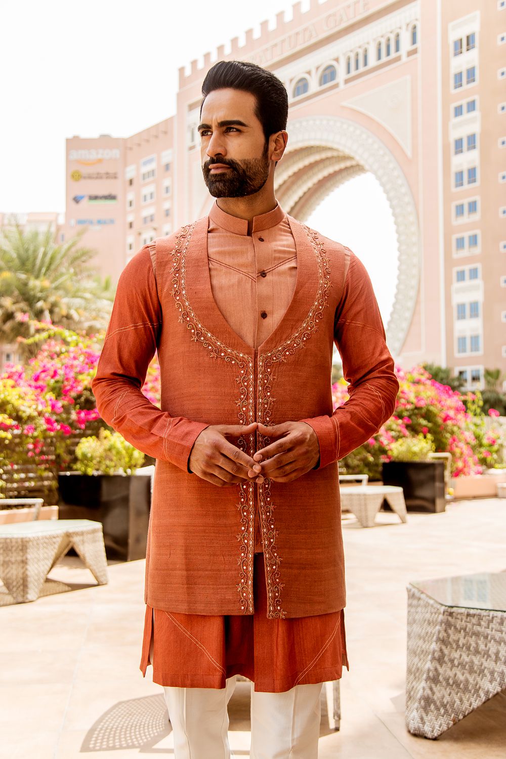 Hand Embroidered Deep Rust Long Jacket With Ombre Kurta