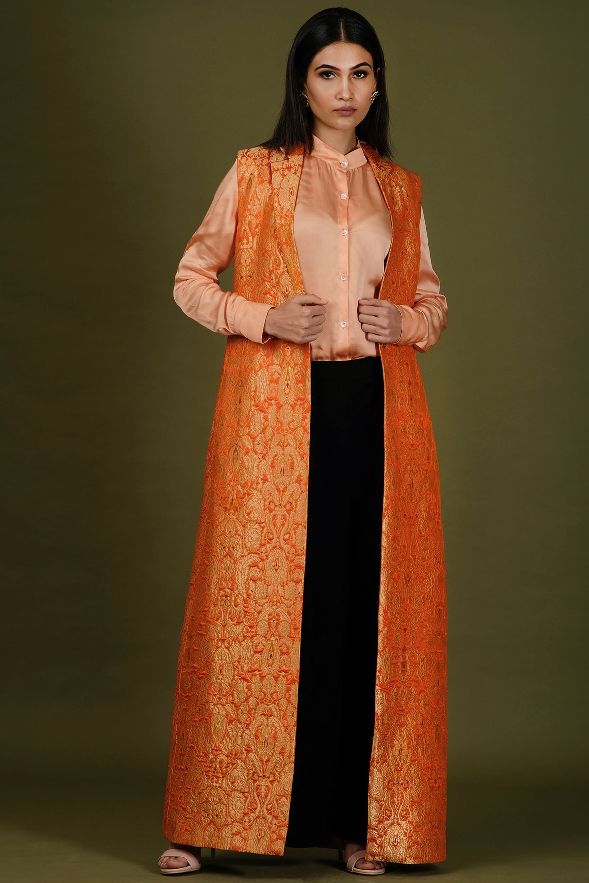 Orange Brocade Silk Cape With Bustier And Palazzo