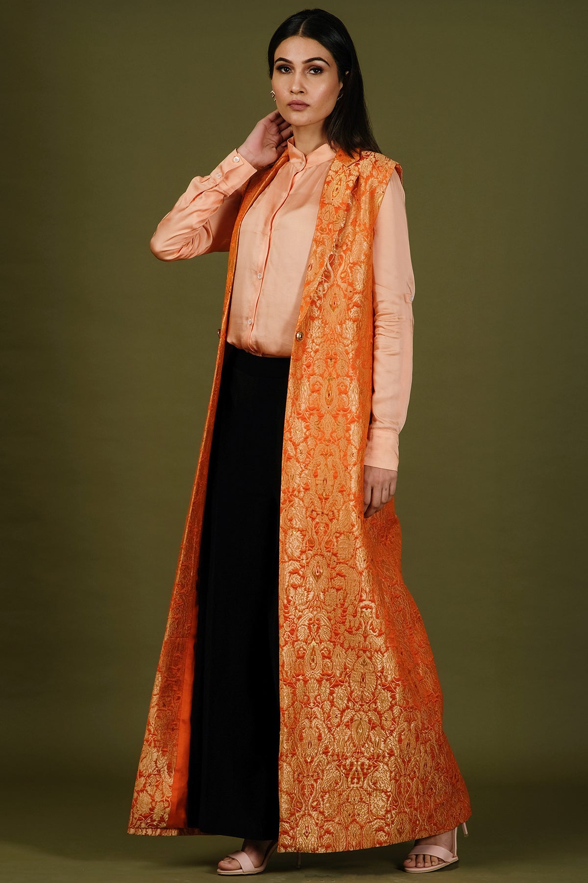 Orange Brocade Silk Cape With Bustier And Palazzo