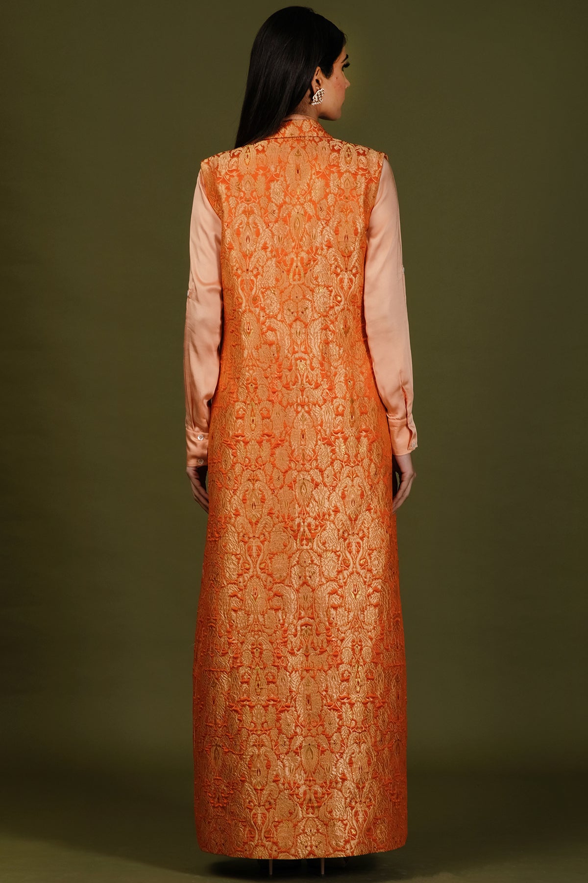 Orange Brocade Silk Cape With Bustier And Palazzo