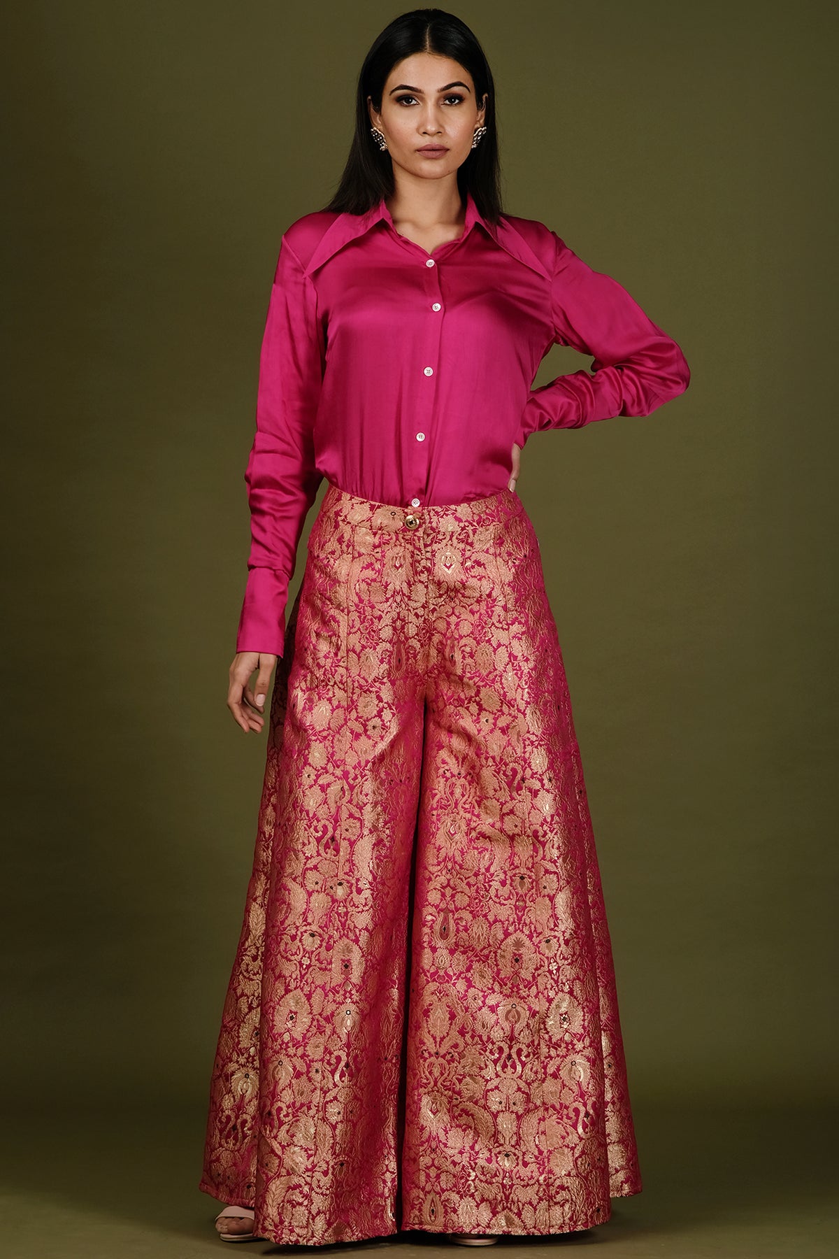 Fuchsia Pink Skirt In Brocade Silk With Shirt