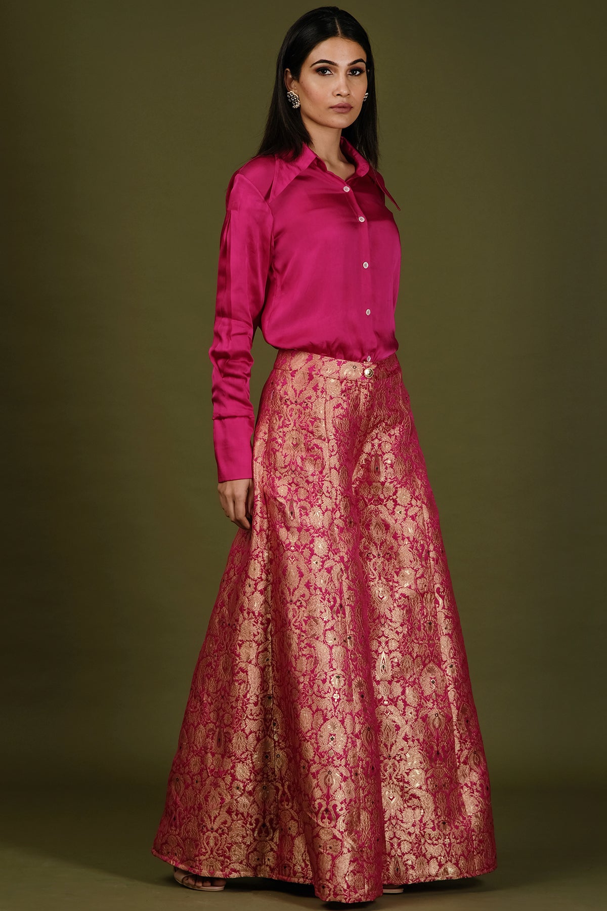 Fuchsia Pink Skirt In Brocade Silk With Shirt