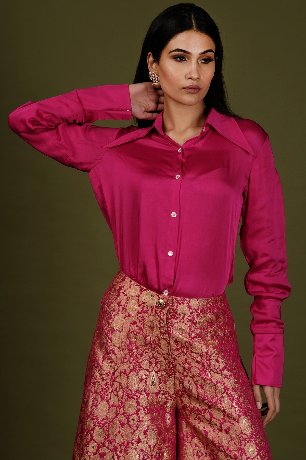 Fuchsia Pink Skirt In Brocade Silk With Shirt