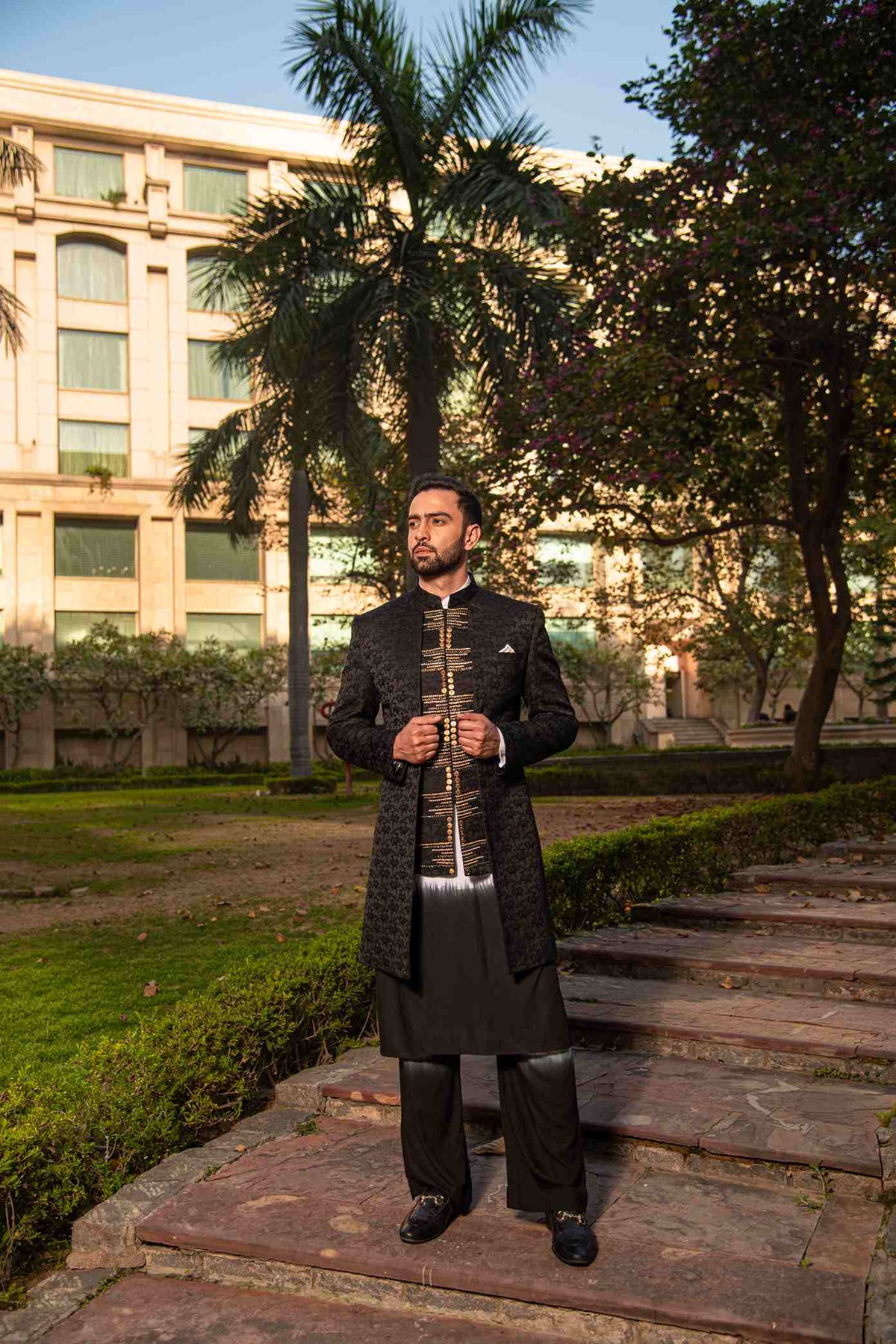 Black Open Indowestern With Ombre Kurta And Palazzo's
