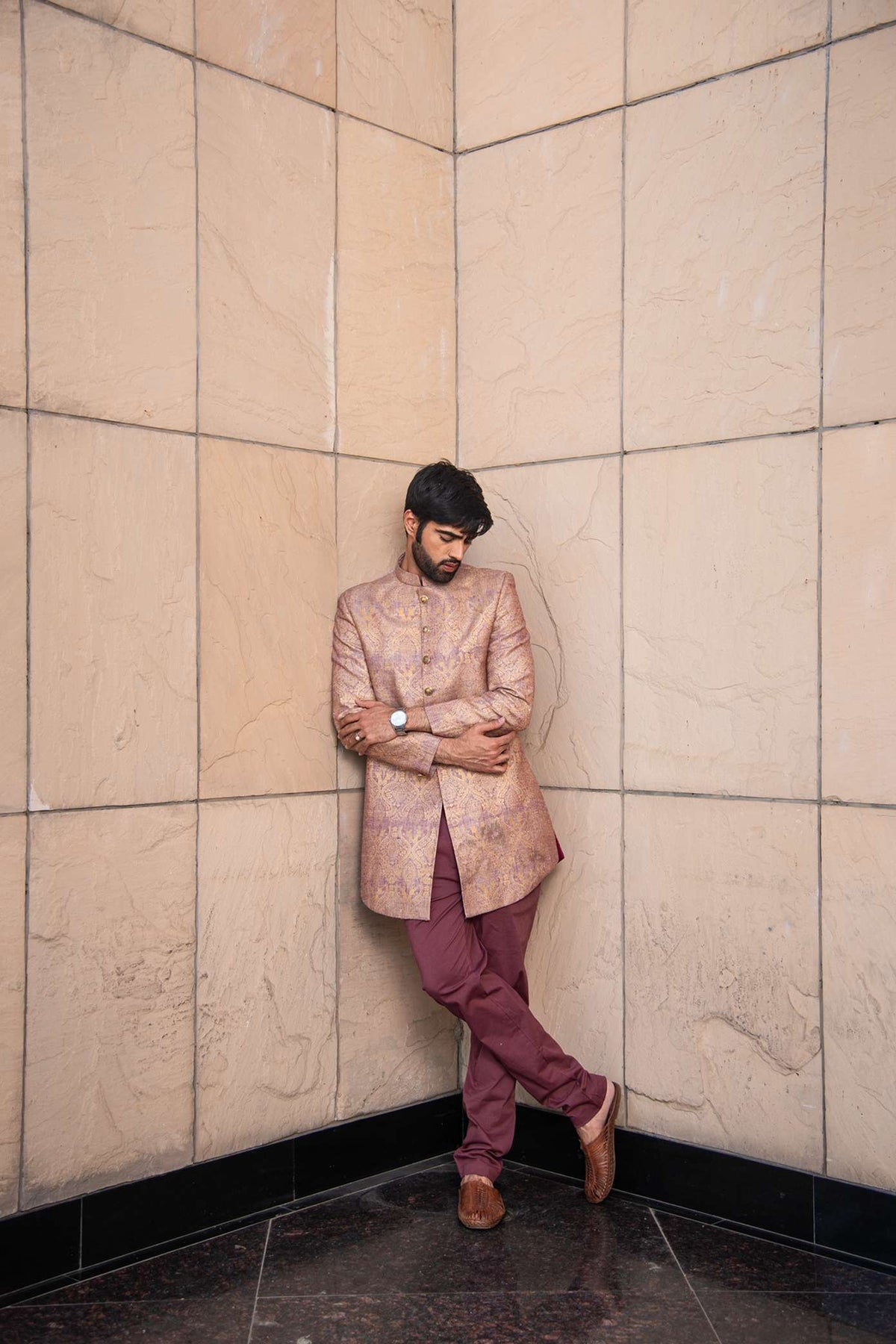 Pale Pink Indowestern Paired With Wine Trousers