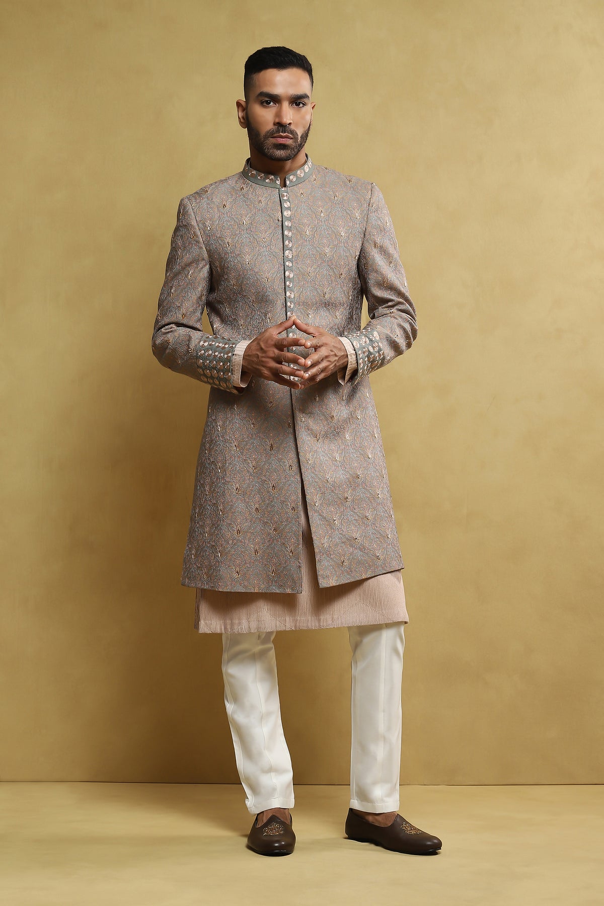 Sage Green Open Sherwani In Coin Work