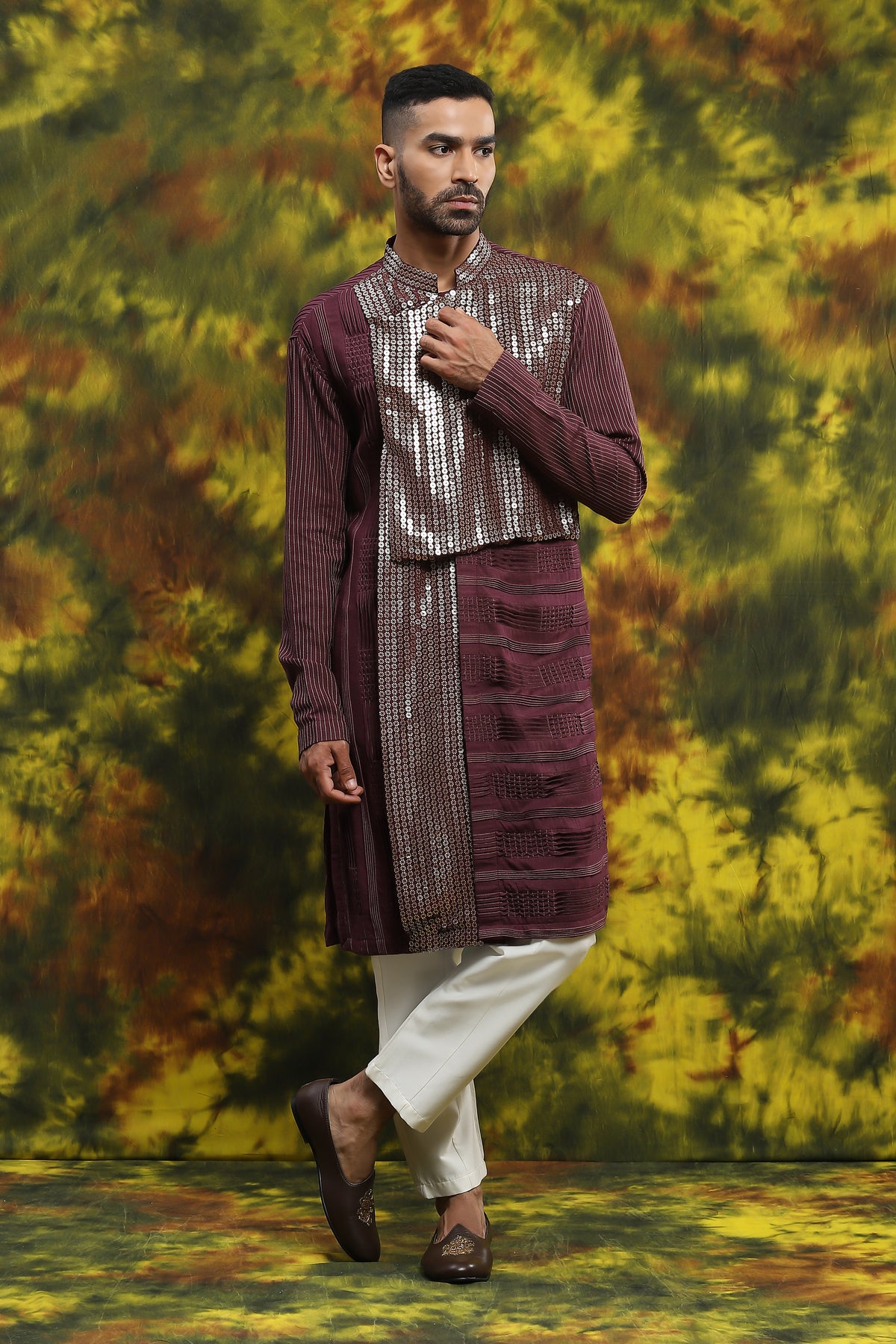 Wine Kurta With Pintuck Work