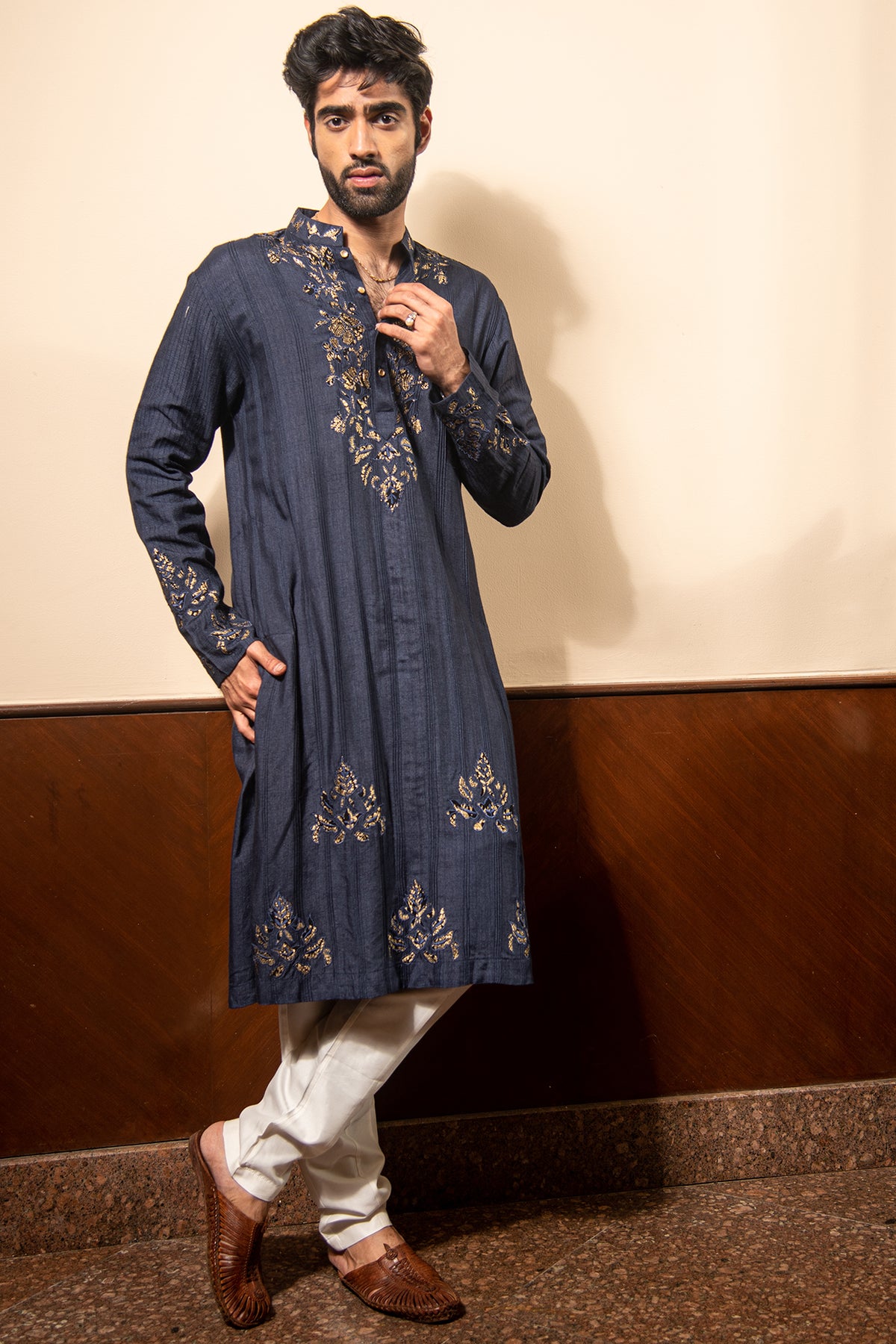 Navy Blue Kurta Pyjama In Pure Cotton