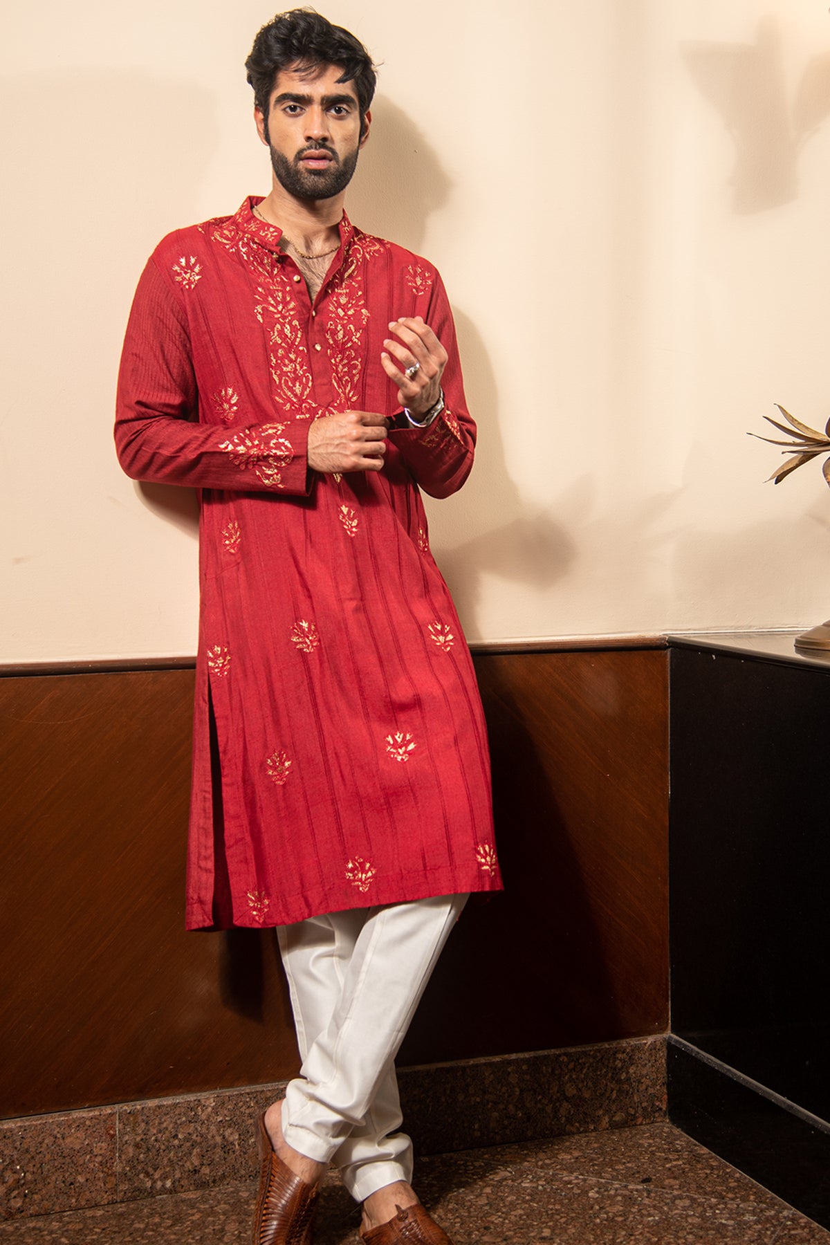 Brick Red Kurta Pyjama In Pure Cotton