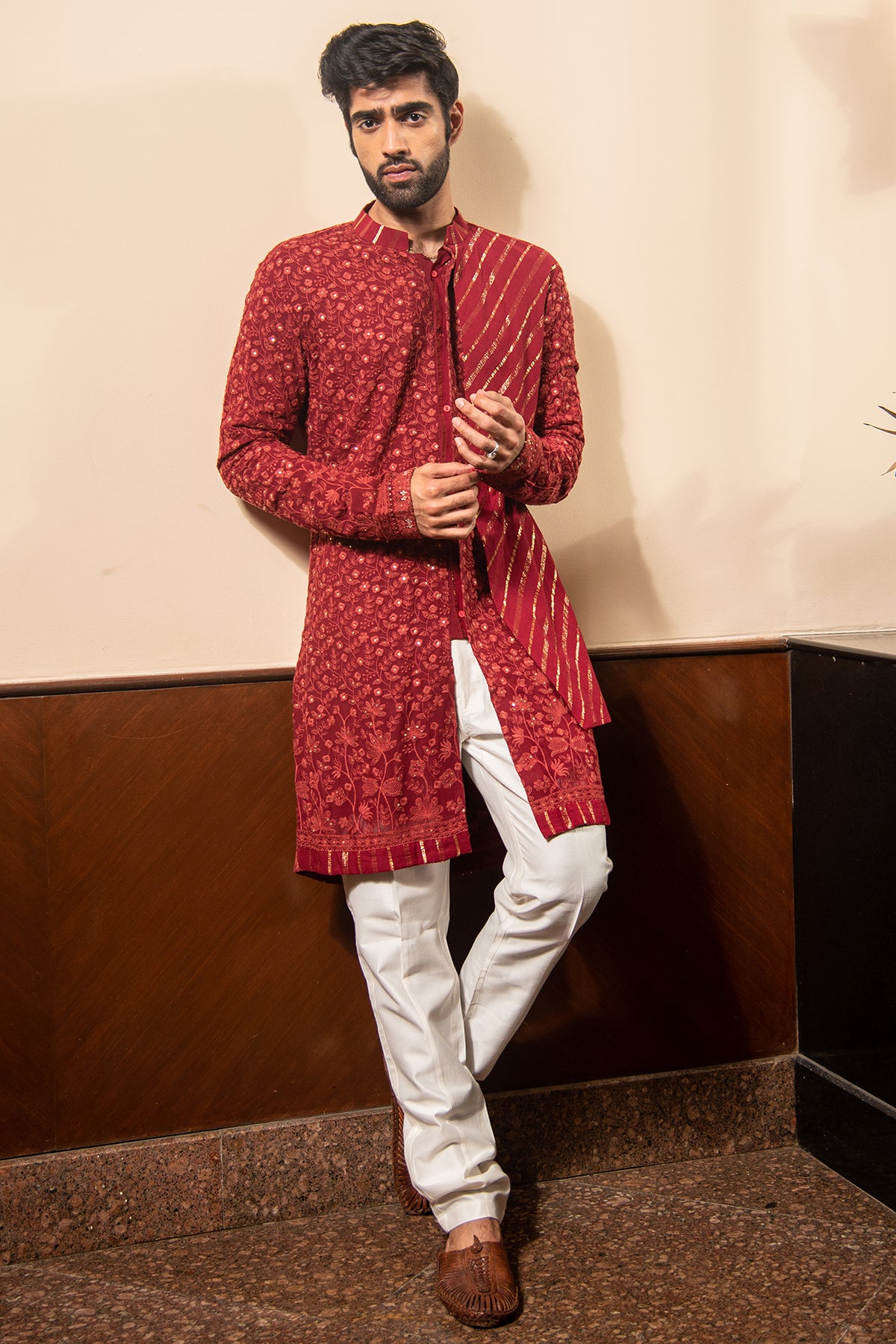 Tomato Red Lucknowi Kurta Pyjama