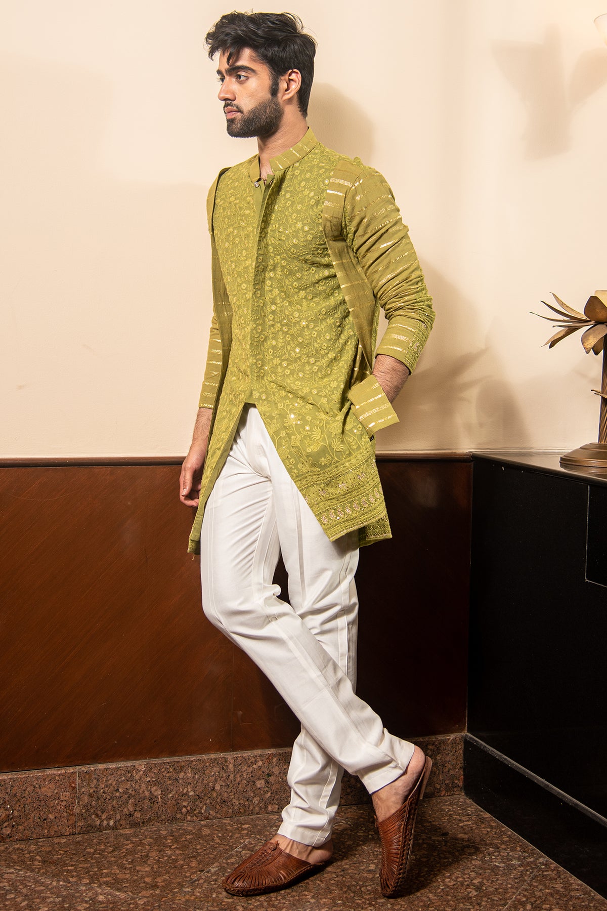 Parrot Green Lucknowi Kurta Pyjama