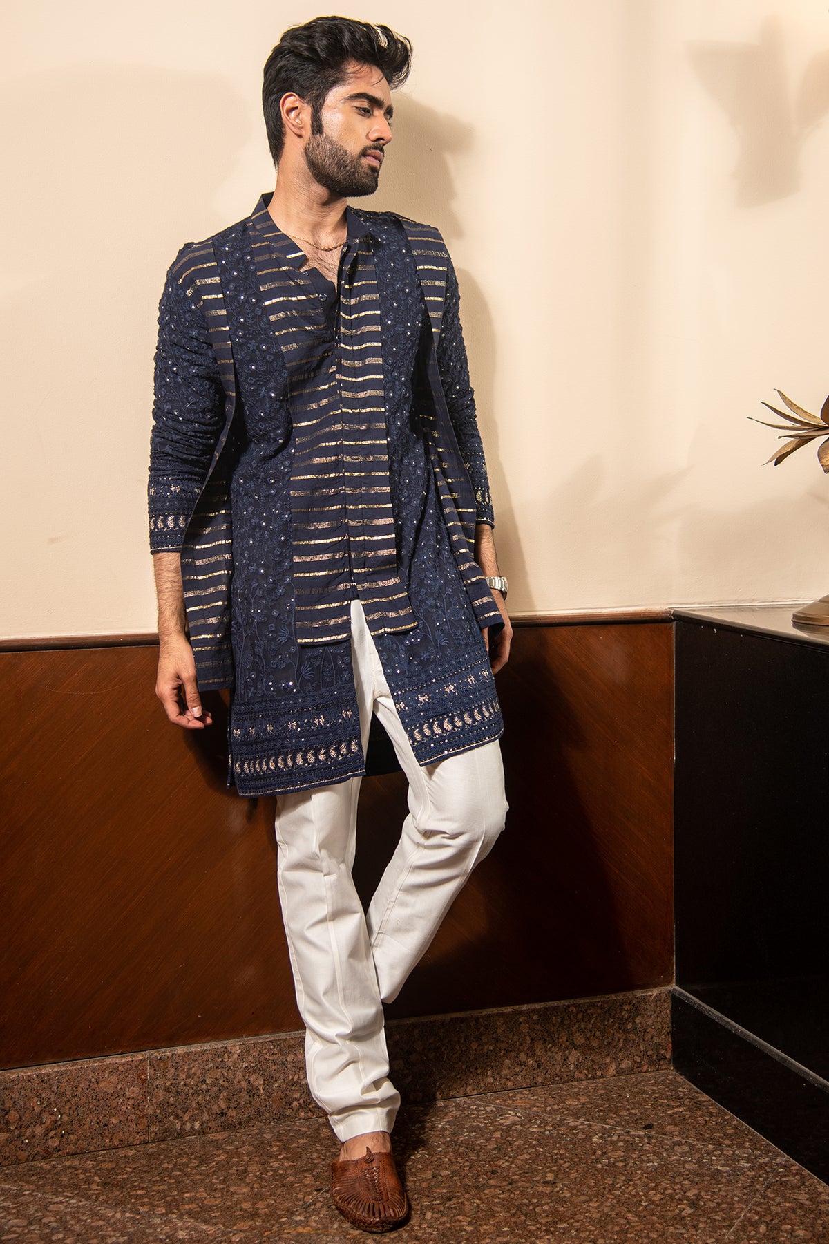 Navy Blue Lucknowi Kurta Pyjama