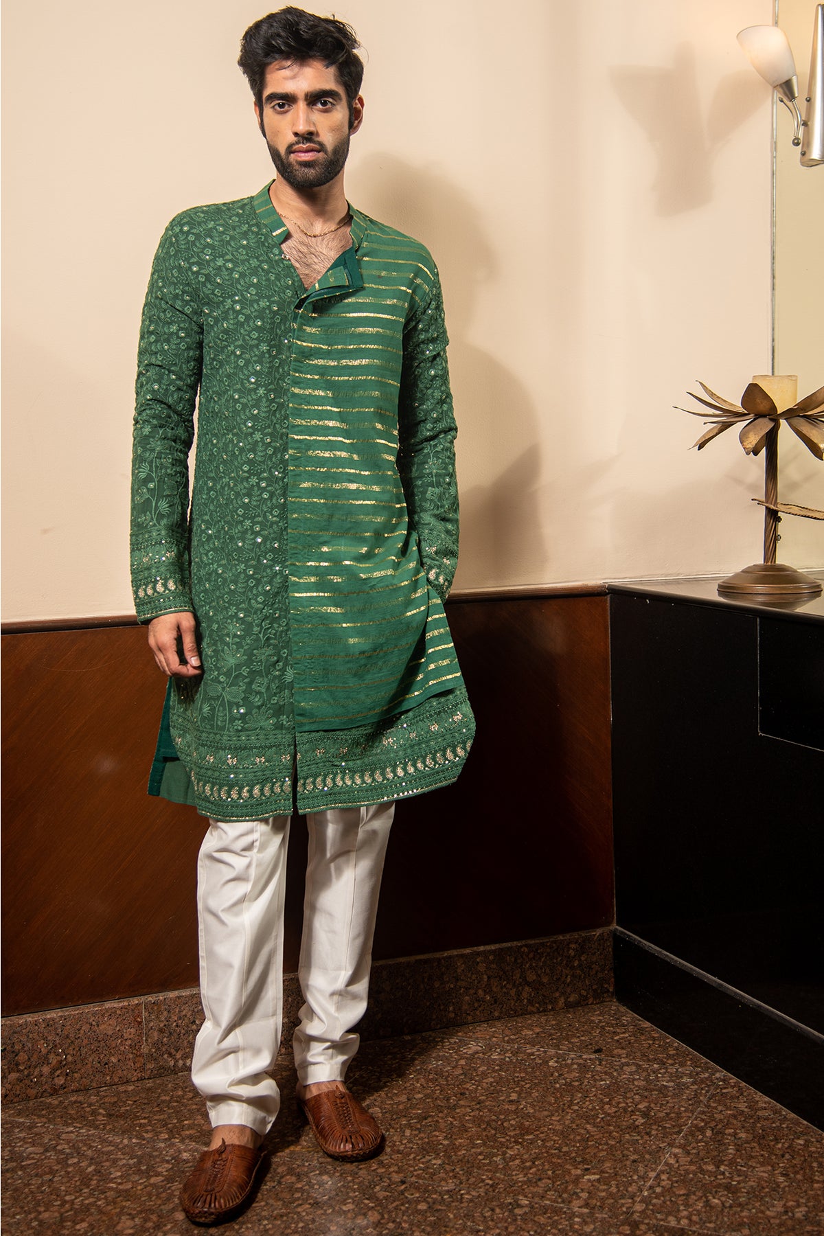 Bottle Green Lucknowi Kurta Pyjama