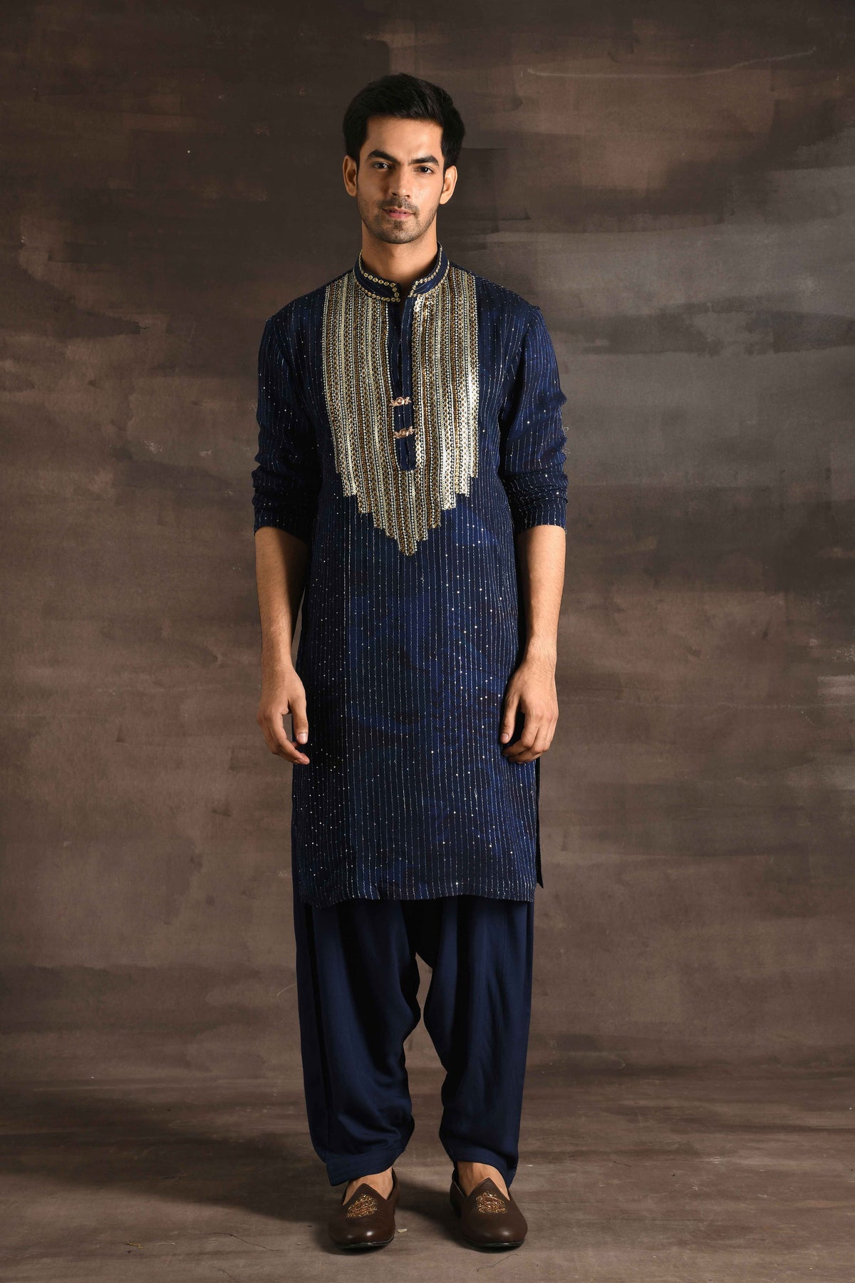 A Navy Blue Coloured Kurta With Gold Coin Work