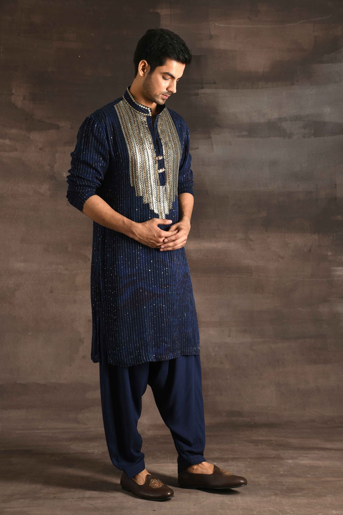A Navy Blue Coloured Kurta With Gold Coin Work