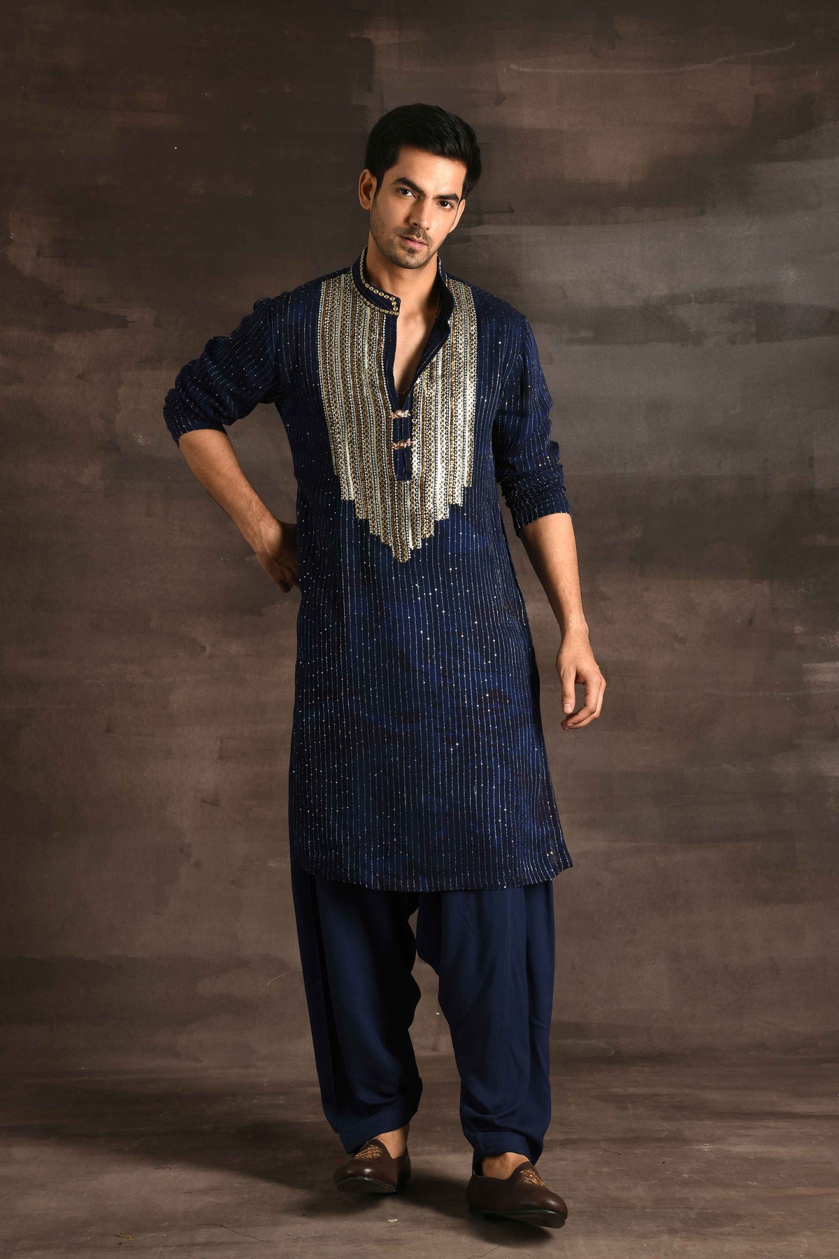 A Navy Blue Coloured Kurta With Gold Coin Work