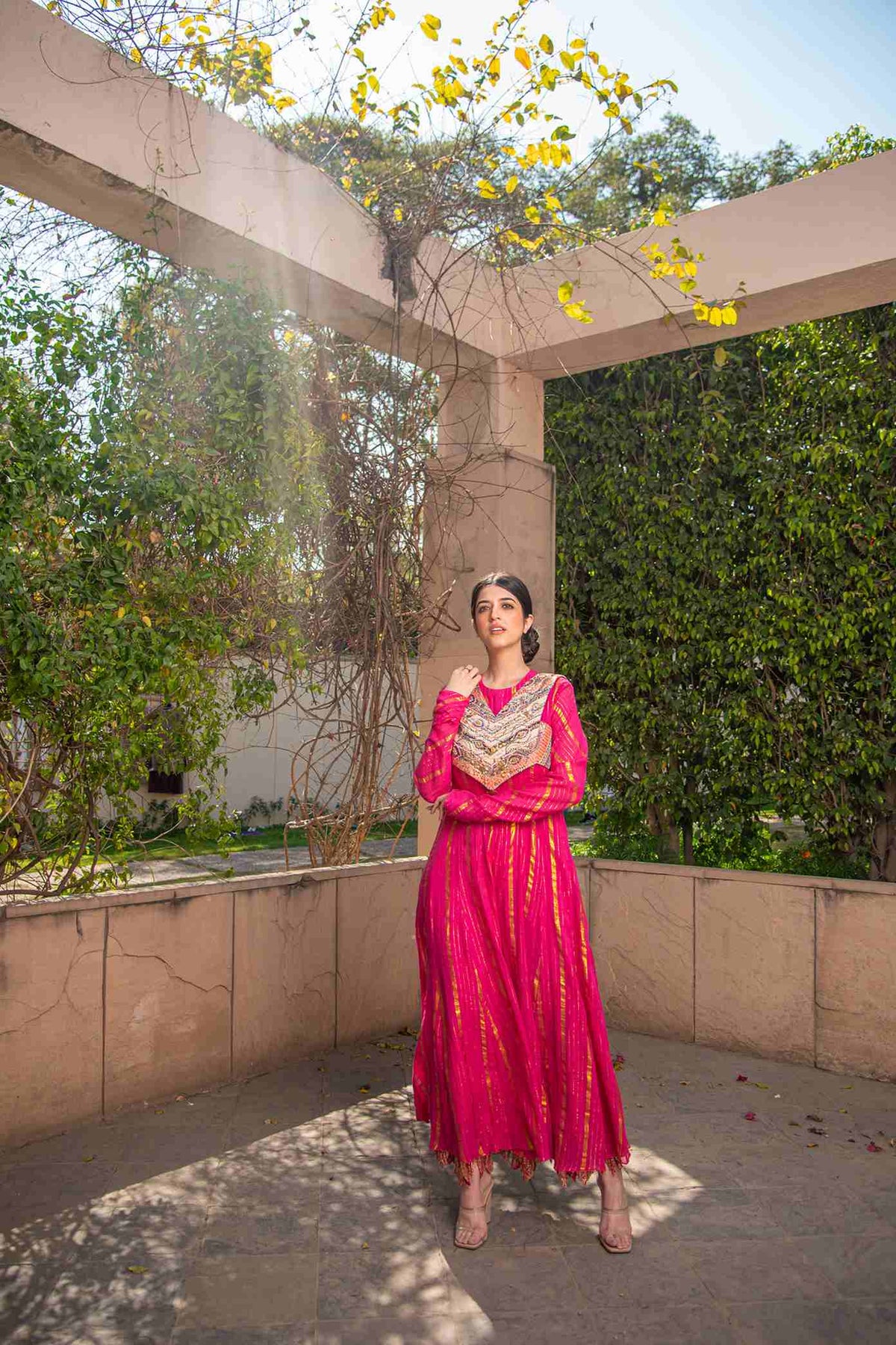 Fuchsia Pink Coloured Embroidered Anarkali In Lurex Striped Cotton Fabric