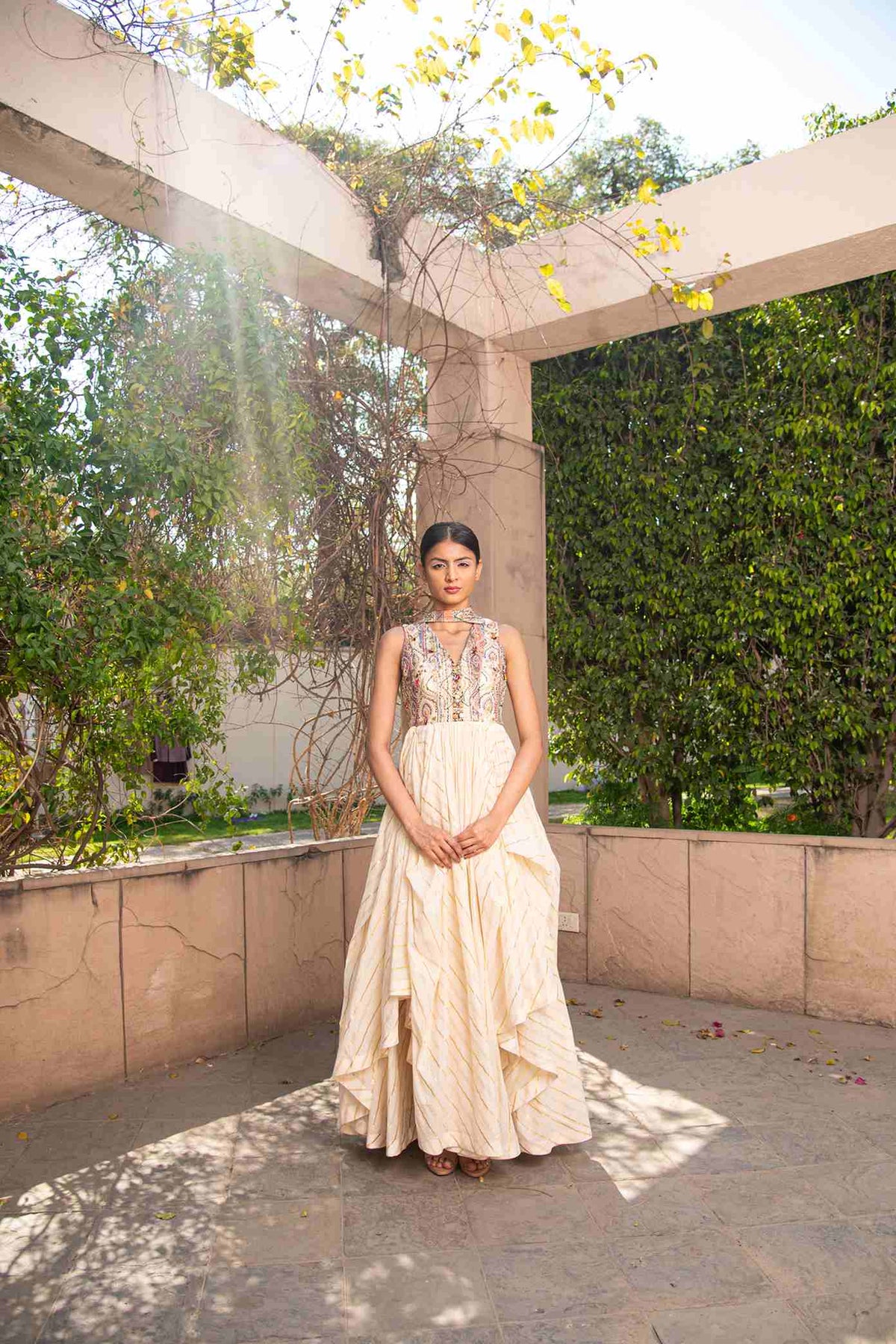 Ivory Coloured Embroidered Anarkali With Choker Dupatta In Lurex Striped Cotton Fabric